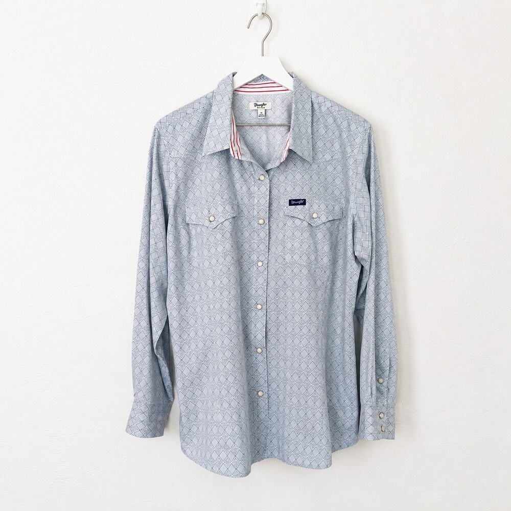 Wrangler Retro Western Snap Shirt Womens XL Blue Geometric Cowgirl Pearl Snap